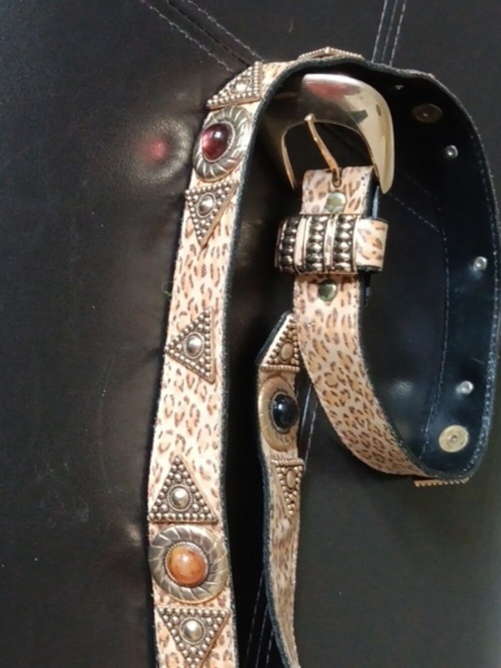 Leatherock Leopard Print Belt with Gemstone Stud Accents - Black Interior